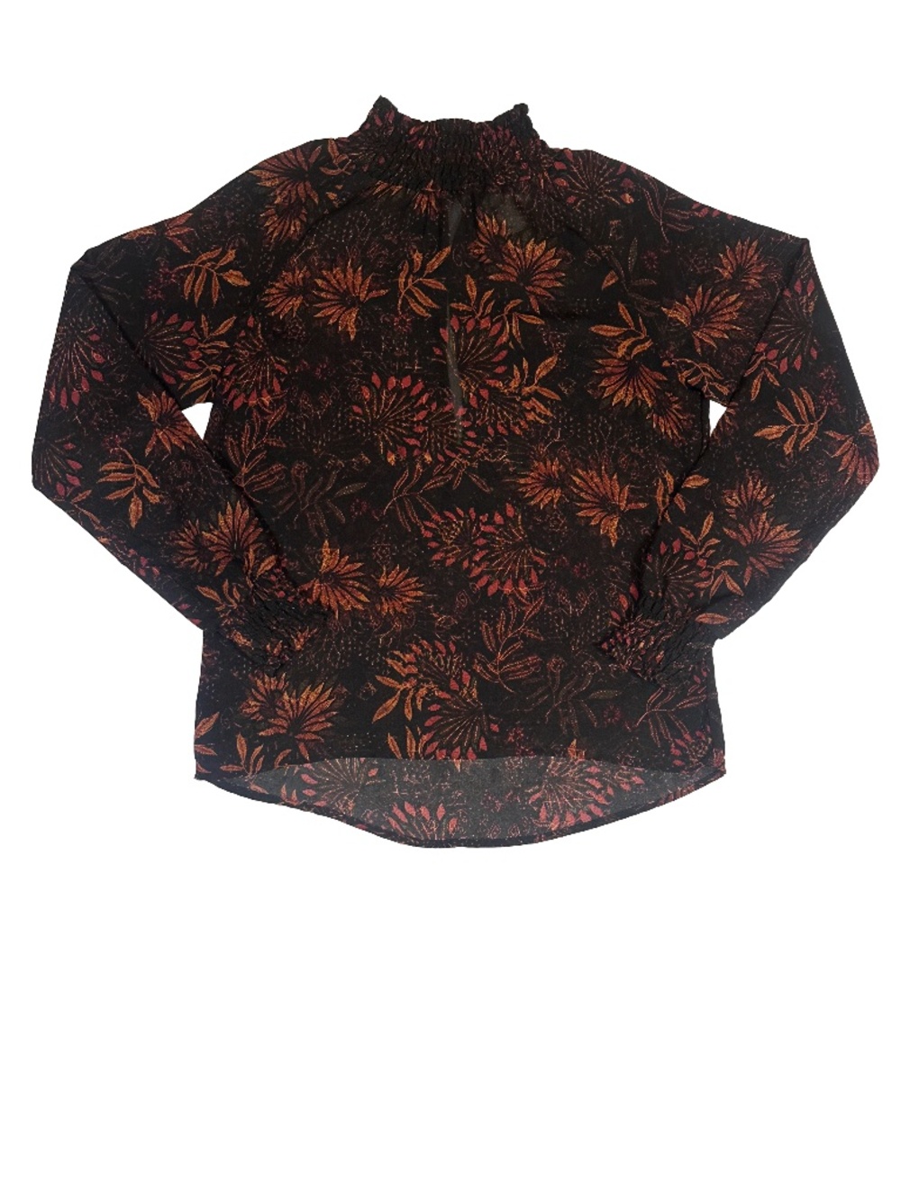 H&M Conscious Black Botanical Floral Blouse | Smocked Ruffle Neck | Long Sleeve
